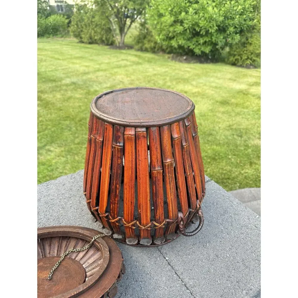 Large Asian Ikebana Bamboo Basket Lidded Woven Tortoise Floor Vase 17